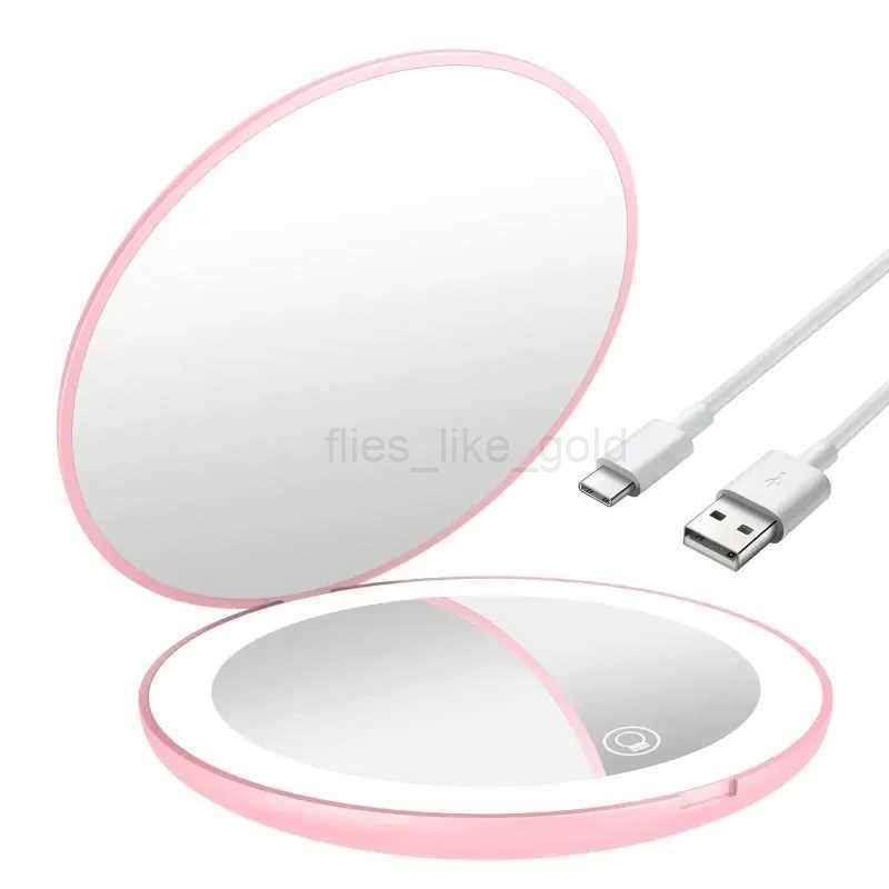 Mini portable folding travel bag makeup mirror with LED light round handheld compact 10X magnifying pink black makeup mirror W240813