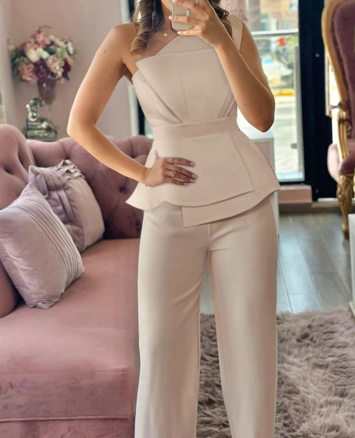 2024 Womens Elegant Commuting Two-piece Set One Shoulder Sleeveless Layered Ruched Top and High Waist Straight Leg Pants Set 240813
