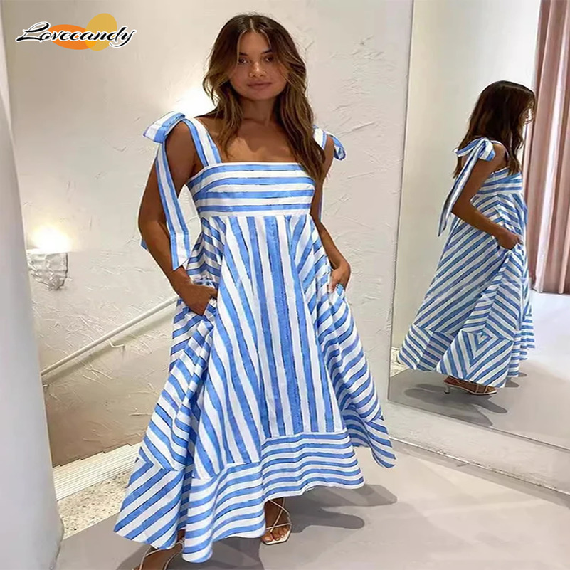 Elegant Stripe Women Lace Up Strap Maxi Dress Fashion Square Neck Backless A-line Dresses 2024 Summer Female Casual Street Robes 240812