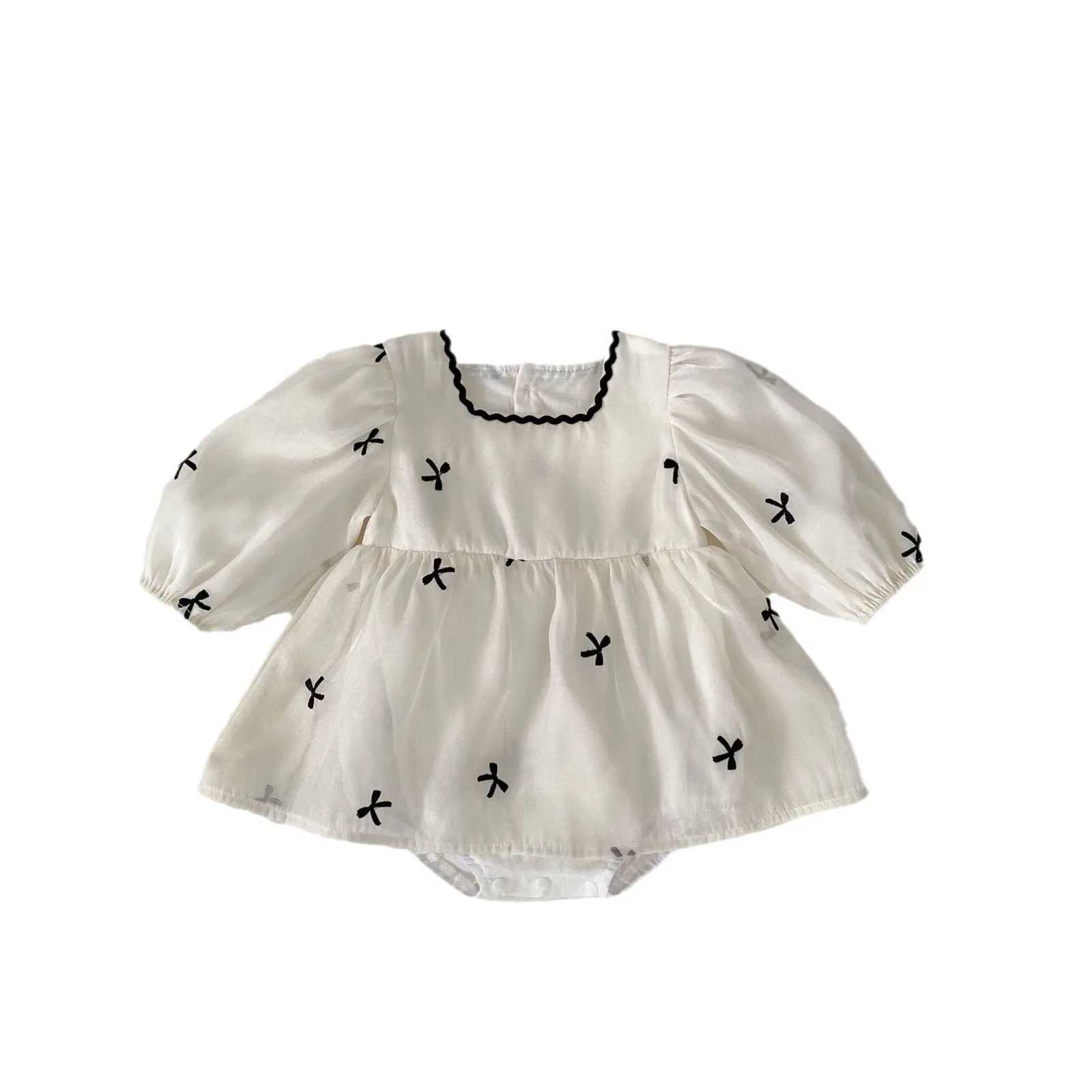 0-2 years spring autumn newborn girl dress tight fitting mesh patch work baby girl jumpsuit black bow embroidery baby girl jumpsuit W240812