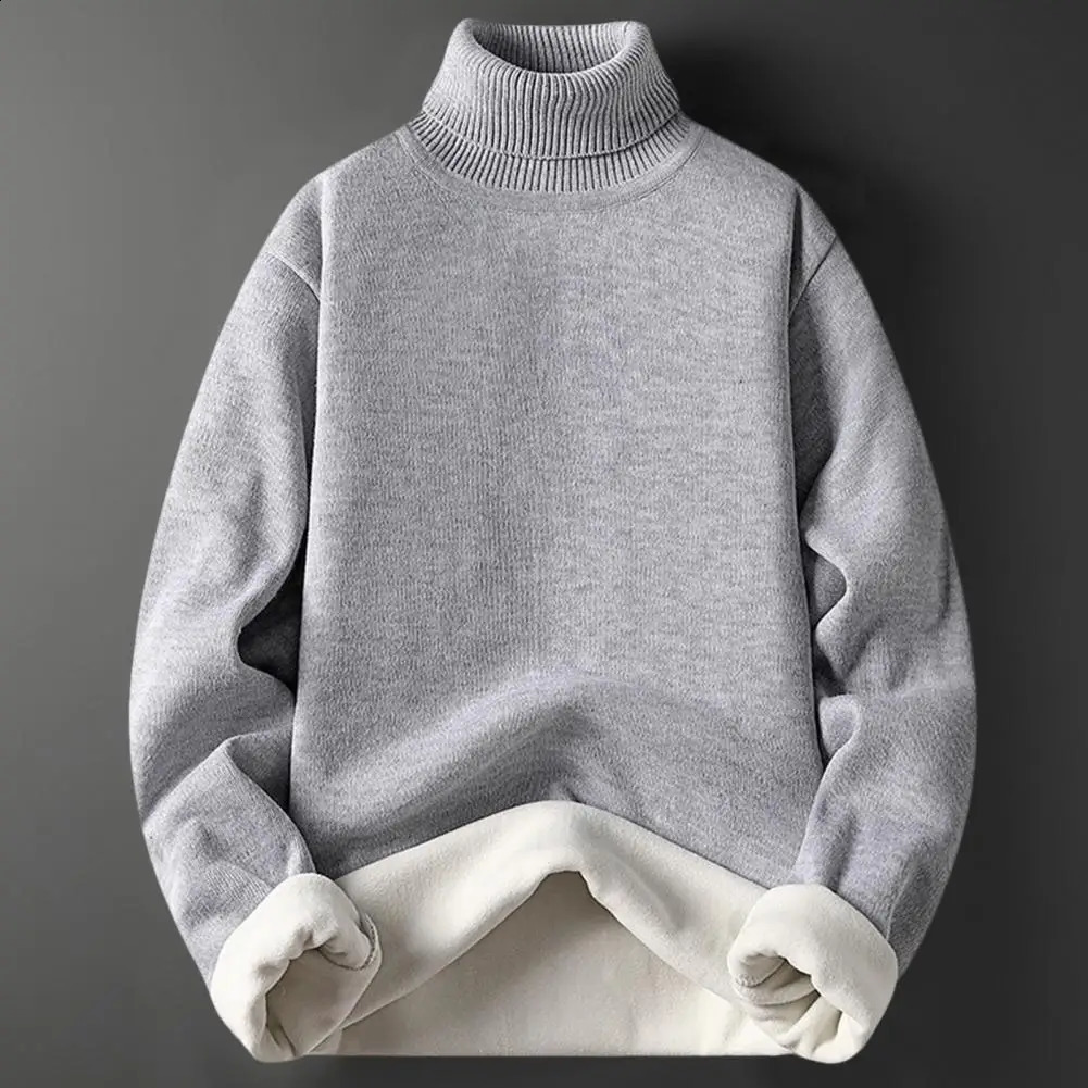 Mens Basic Warm Sweater Winter Casual Pull Turtle Neck Velvet Thick Pure Thin Bottom Style 240812