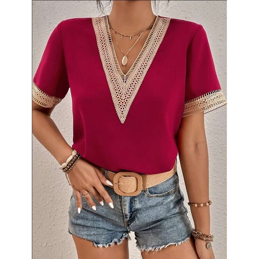 Elegant Blouse Fashion Short Sleeve Tops 2023 Summer V-neck