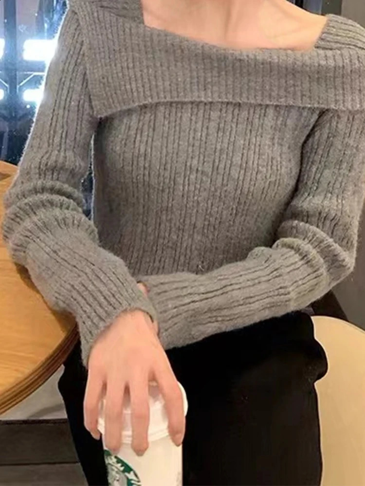 Womens Grey Vintage Pullover Knit Sweater Y2k 90s Aesthetic Harajuku Elegant Long Sleeves Sweaters Fashion 2000s Clothes Autumn 240812