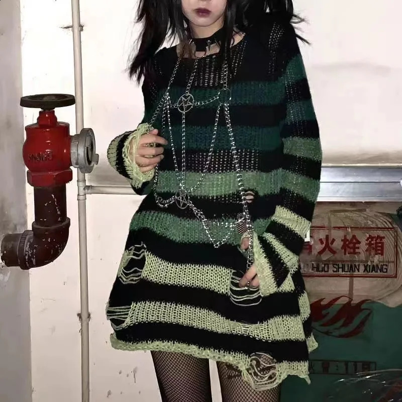 Gothic Sweater Women Knitted Grunge Striped Pullovers Punk Hollow Out Loose Jumper Alternative Clothing Emo Long Sleeve Y2k Top 240812
