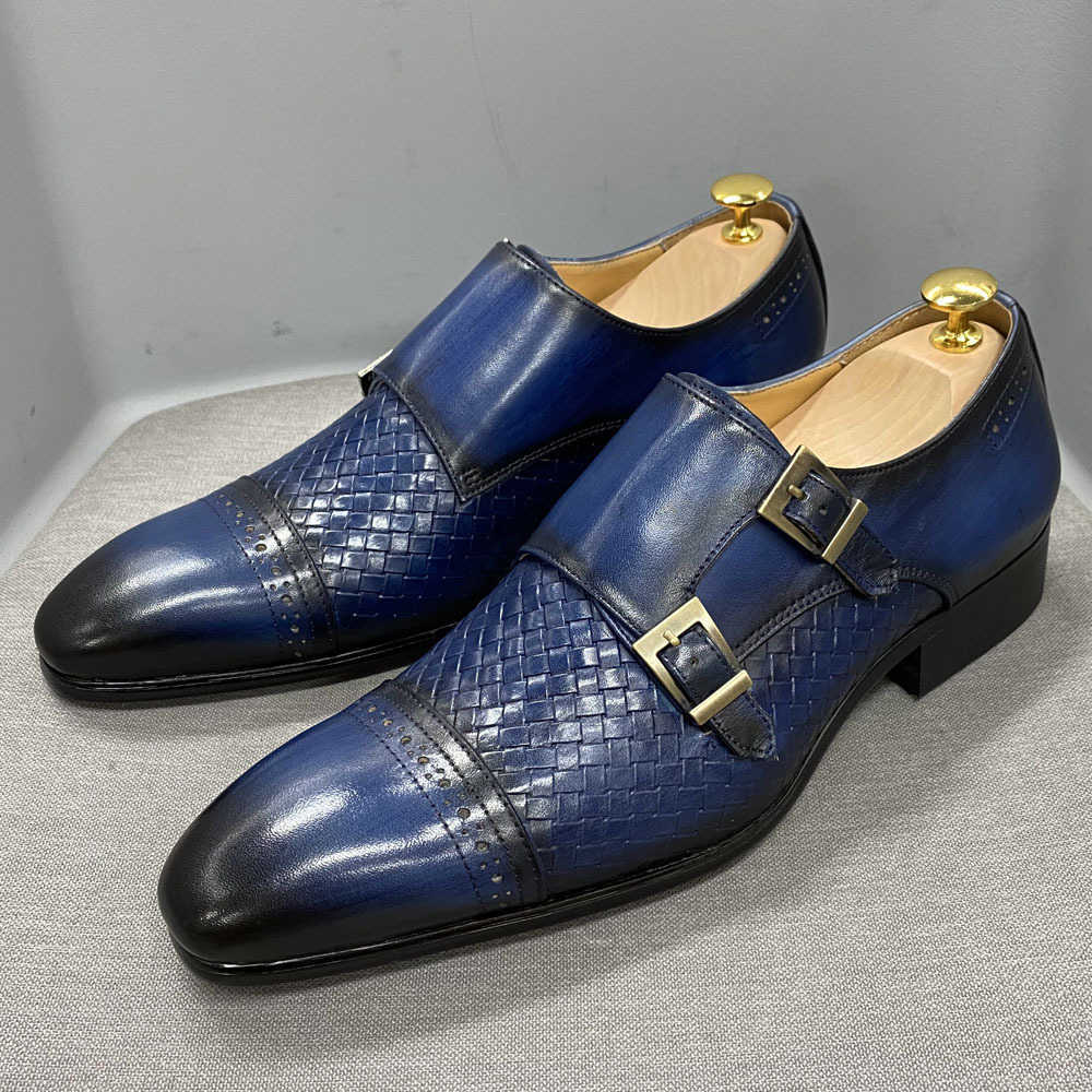 CMM Luxury Mens Business Casual Shoes Blue Genuine Leather Double Button Monk Shoes Top Layer Cowhide Pointed Mens Mengke Shoes