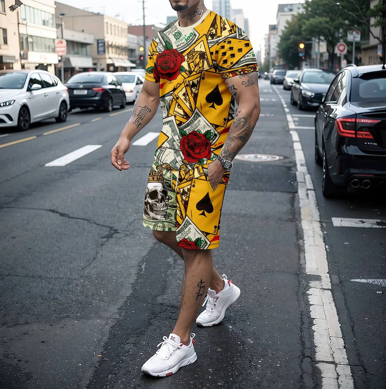 3D Skull Rose Printed Mens Sportswear Short sleeved T-shirt and Sports Shorts Summer Casual Jogging Pants Set Two Piece Set 240813