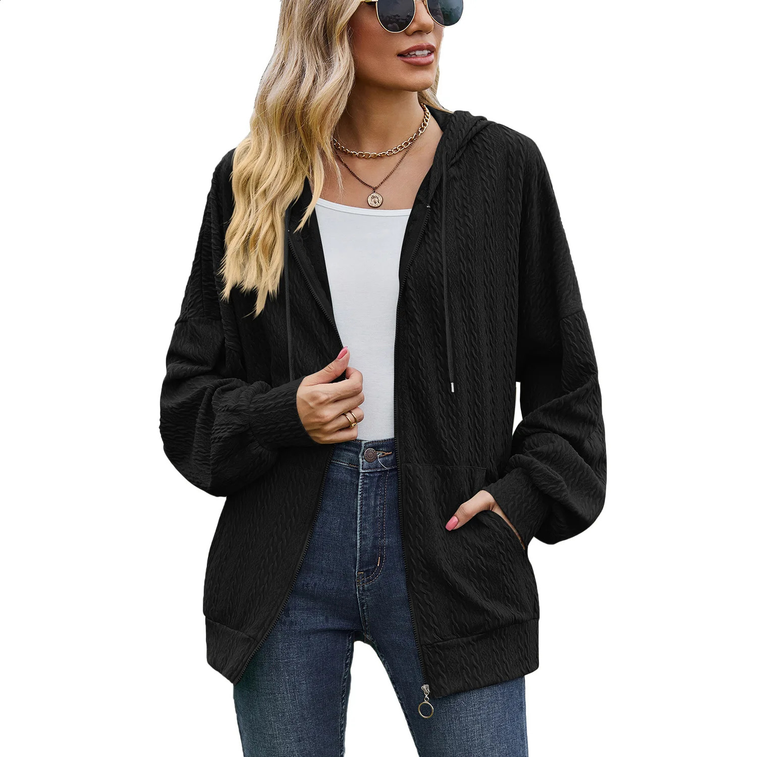 Autumn Winter Coat Womens Fashion Solid Pocket Long Sleeve Drop Shoulder Sleeve Loose Casual Hooded Sweater Coat 240812