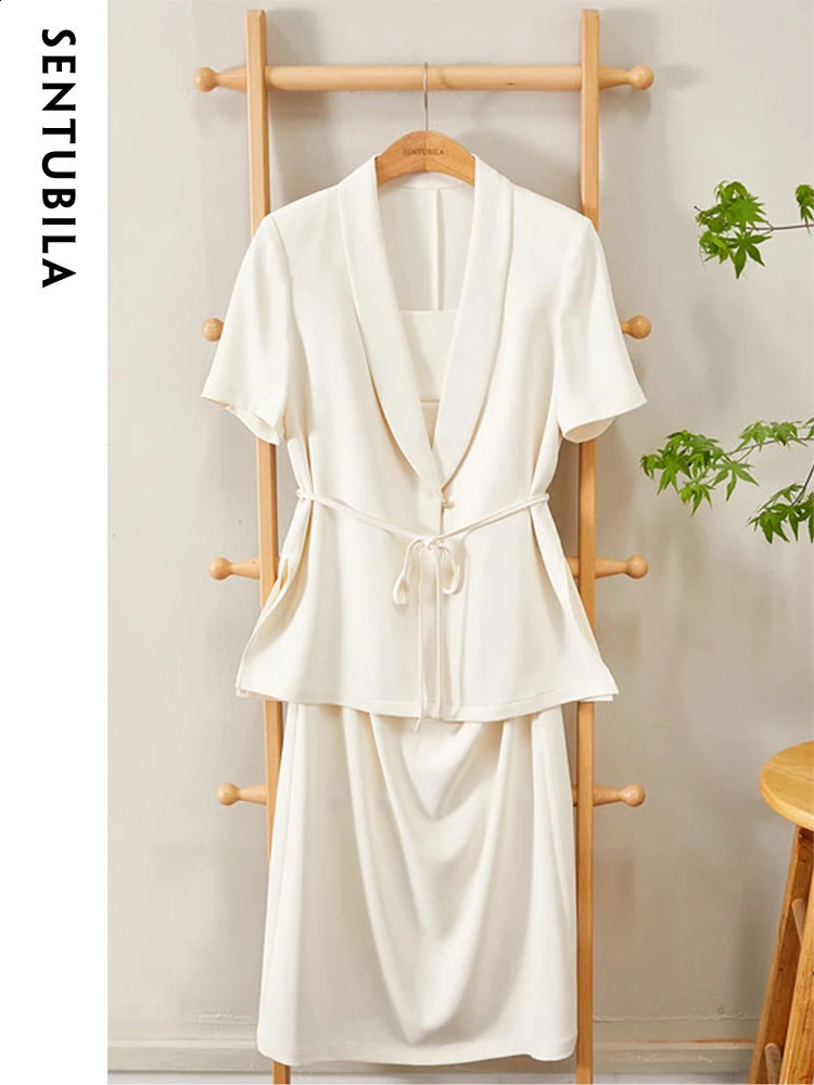 SENTUBILA Womens Elegant Jacket Two Piece Set Autumn Tie with Cami Slip Dress Work 132Z49094 240812
