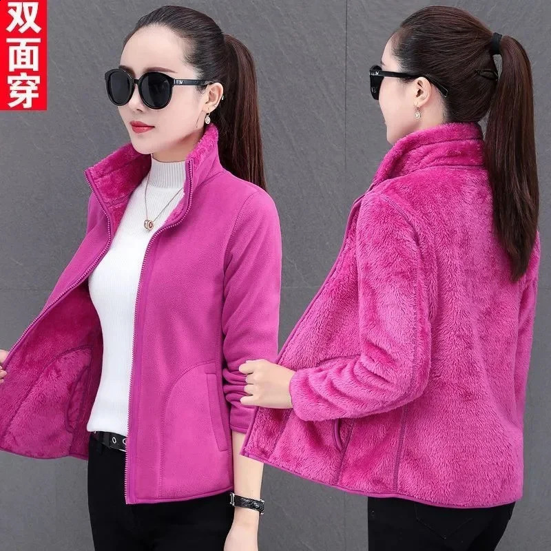 Hoodie Two-Sided Wool Fleece Womens Polar Fleece Coat Autumn Winter Add Velvet Thickening Keep Warm Double-Sided Penetration 240812