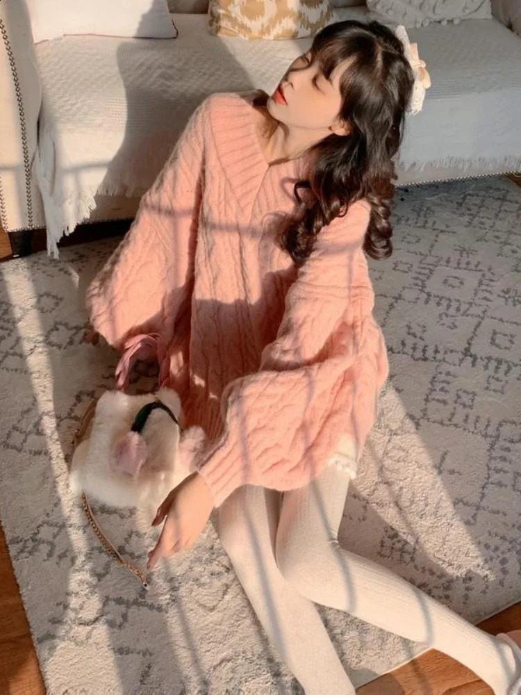 Deeptow Pink Kawaii Pullover Womens V-neck Bow Loose Knitted Sweater Preppy Style Sweet Loose Long Sleeve Autumn Winter 240812