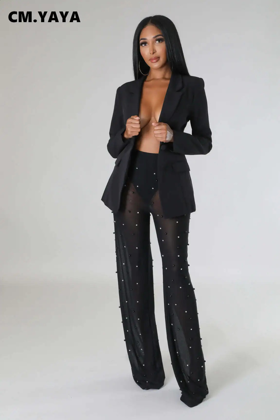 CM YAYA Street Chic Womens Long Sleeve Jacket Set and Mesh Beaded Pants Winter Two Piece Sportswear 240812