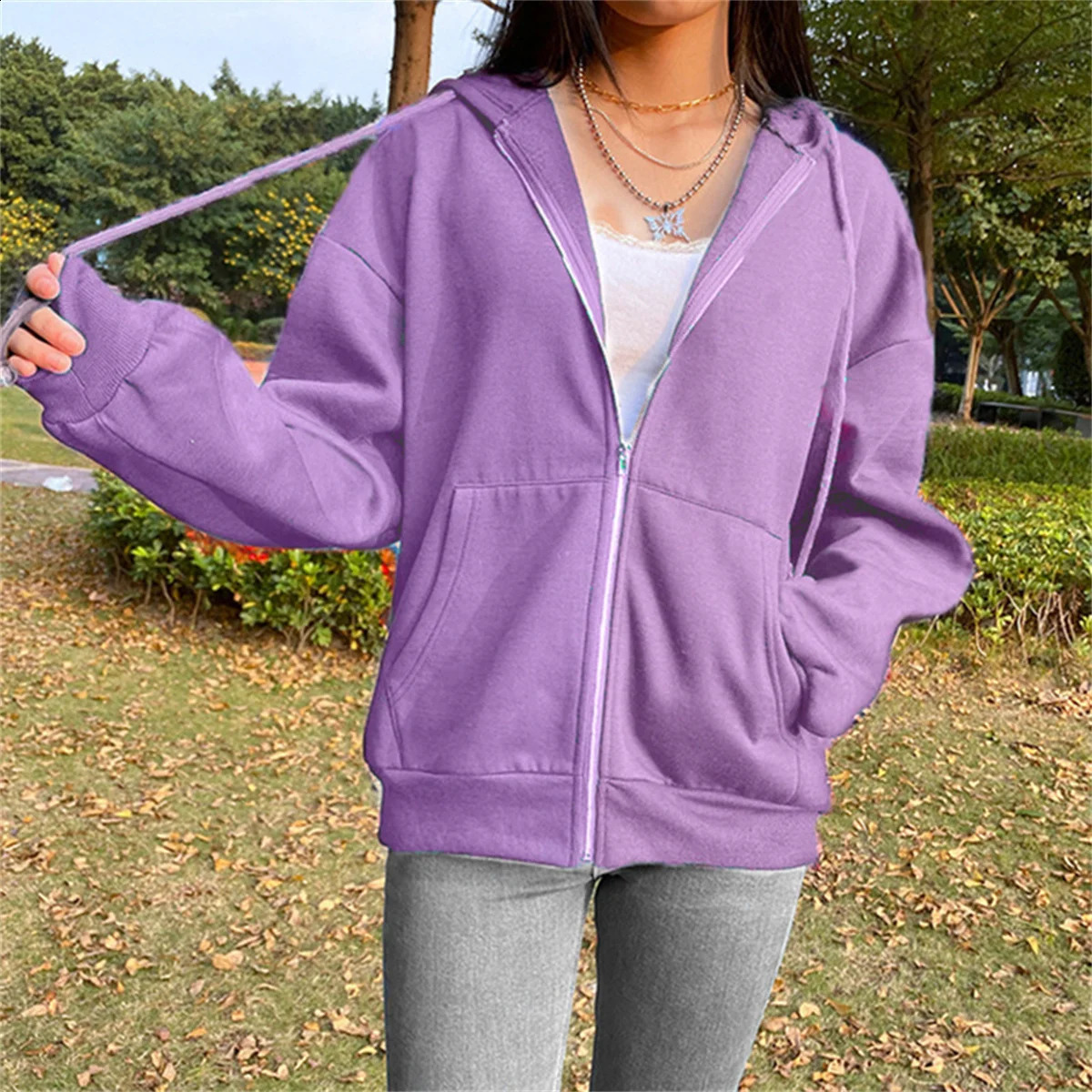 Autumn Fleece Hoodie Solid Color Hooded Korean Fashion Sweatshirts Long Sleeve Top Drawstring Pockets Loose Zipper Black Hoodies 240812