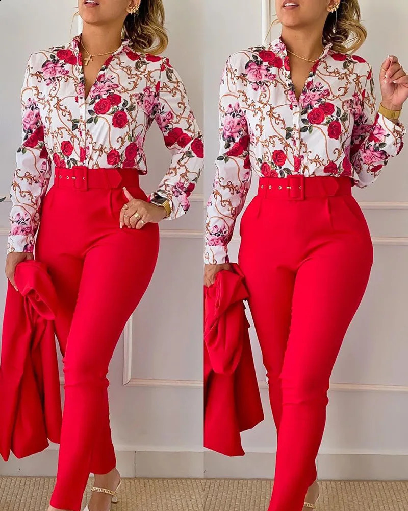 Casual Long Sleeve Shirt Pants Set Office Lady Fashion Elegant V Neck Floral Print Trousers Two Piece Set Women Outfit 240813