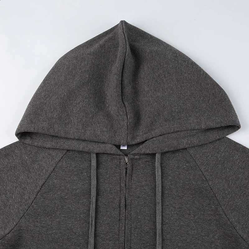 Y2k Aesthetic Vintage Zipper Hooded Hoodies Women Solid Color Long Sleeve Grunge Ribbed Sweatshirt Harajuku Casual Pullovers 240812