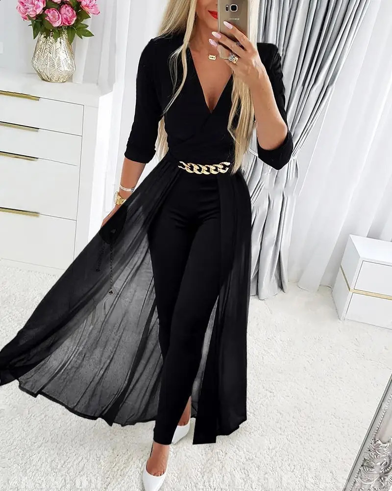 Fashion Jumpsuits Women Elegant Deep V Neck Black Solid Chain Decoration Mesh Patchwork Straight Leg Casual Working Jumpsuit 240813