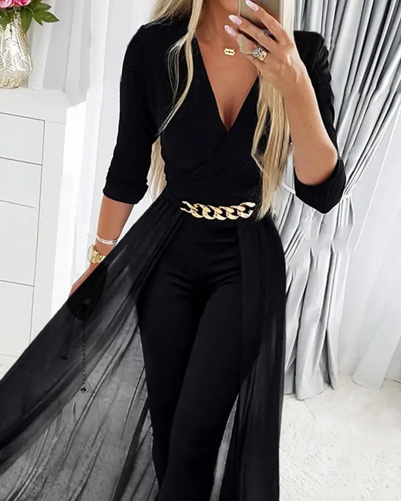 Fashion Jumpsuits Women Elegant Deep V Neck Black Solid Chain Decoration Mesh Patchwork Straight Leg Casual Working Jumpsuit 240813