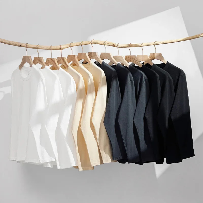Autumn 230g Cotton Heavyweight Round Neck Solid Color Long Sleeved Mens T-shirt Loose Bottomed Shirt 240820