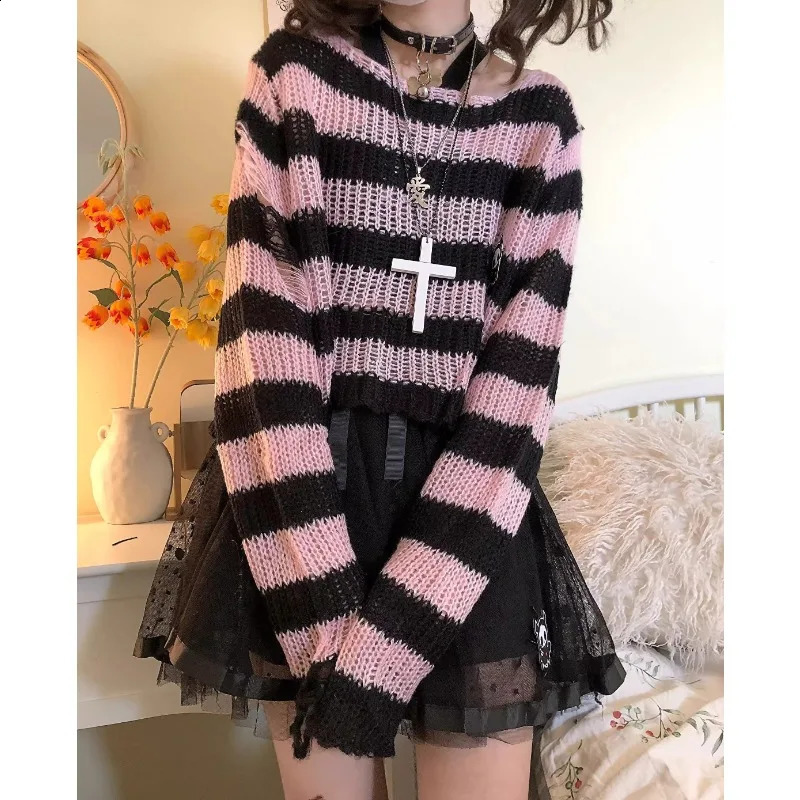 Casual Simple Sweater Knitwear Striped Long Sleeve Gothic Pullover Loose Punk Thin Knit Jumpers Grunge Women Autumn Sweaters 240812