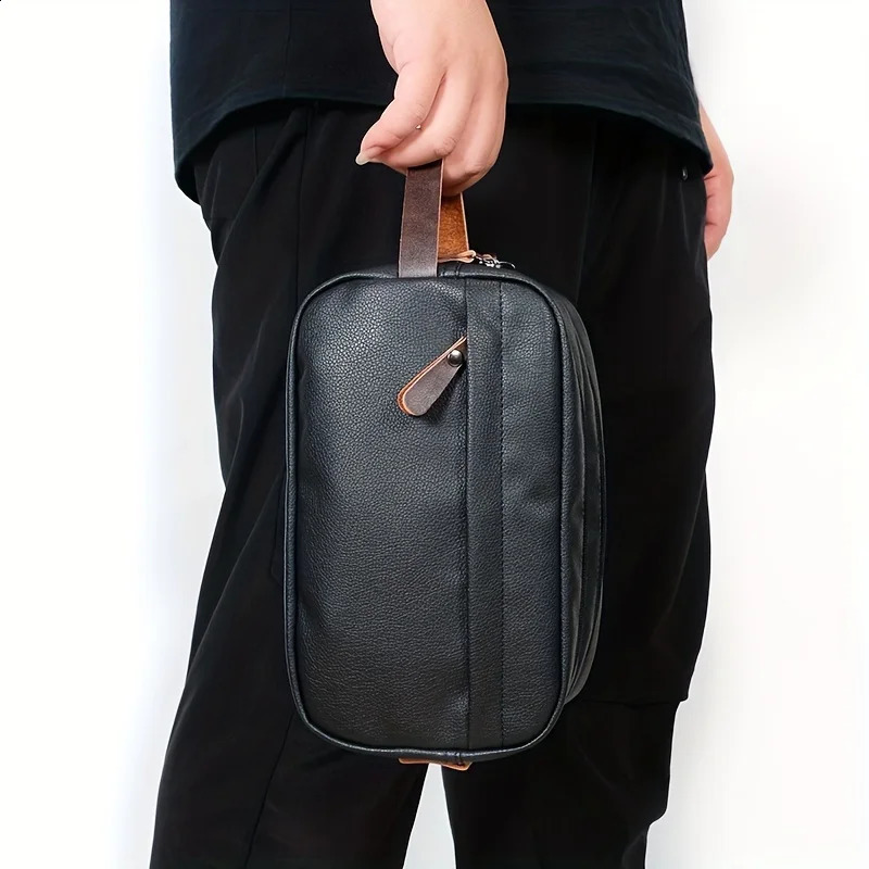 Black retro mens handbag portable travel toilet storage bag double zipper waterproof casual clutch bag 240812
