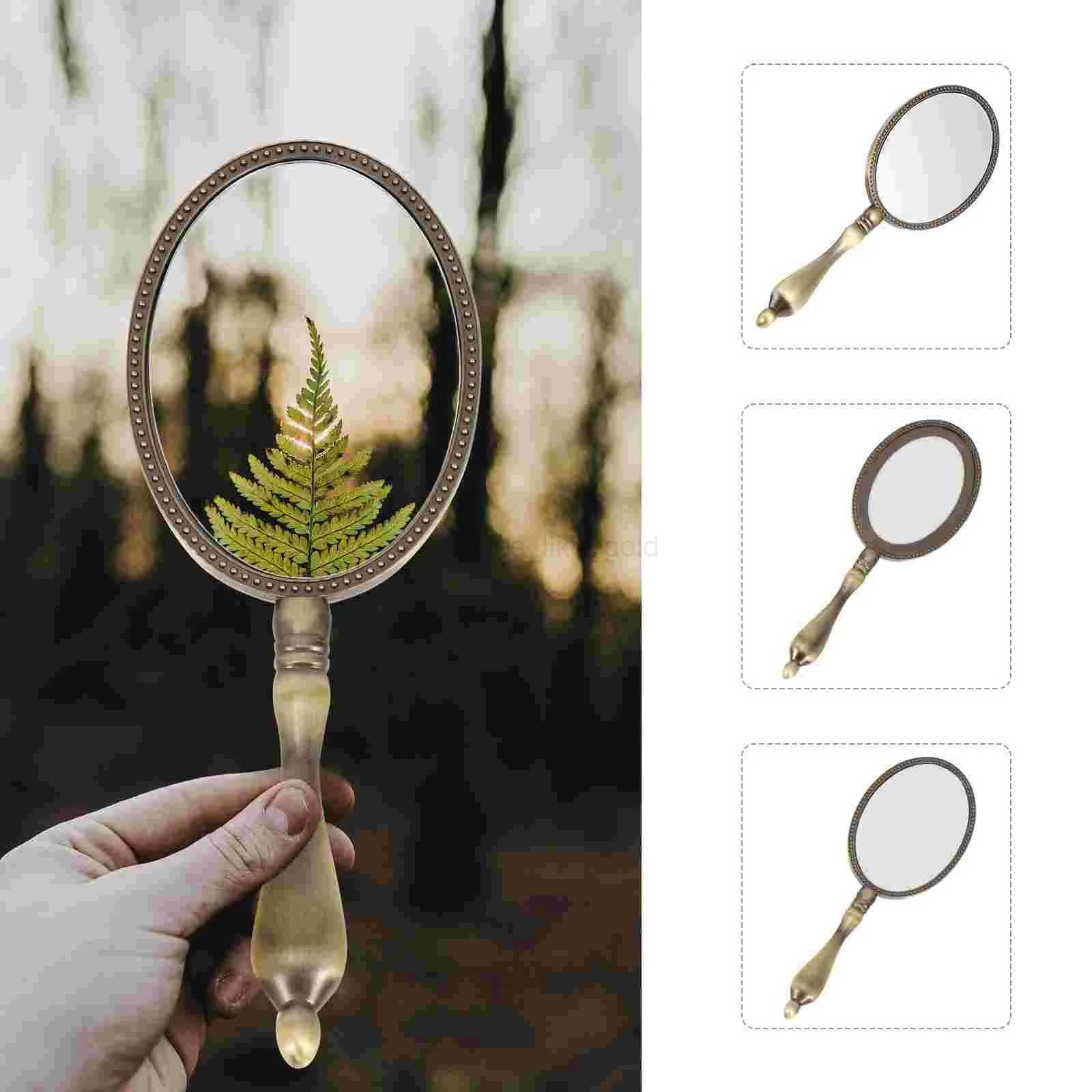 Mirror with handle beauty and makeup mirror women holding travel retro metal wood W240813