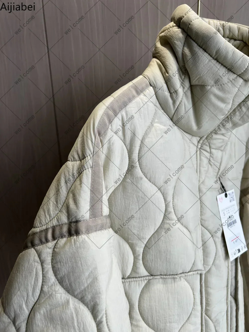 Quilted coat for women beige drawstring high neck pocket clip cotton jacket y240812