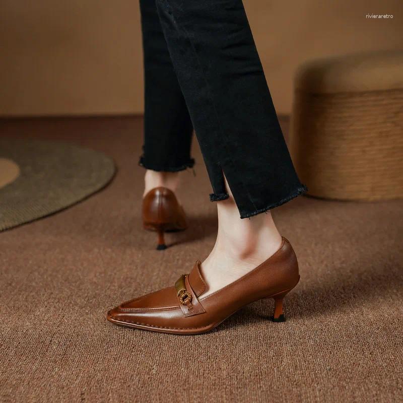 Dress Shoes Genuine Leather Retro Women 6cm High Heels SmallHut Spring Black Brown Green Square Toe Pumps Metal Decoration Lady Party