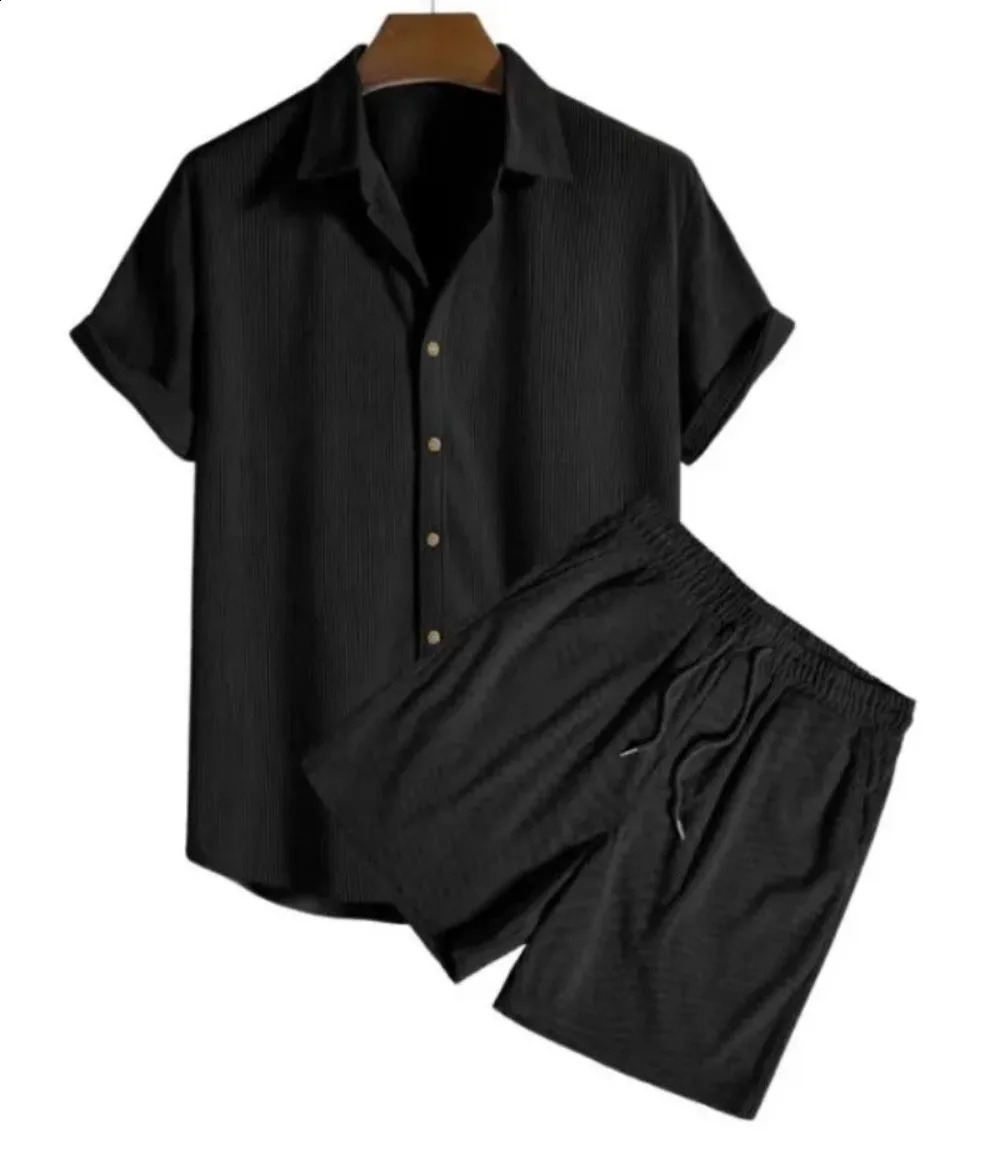 Mens casual loose multicolor beach set Corduroy short sleeved mens twopiece 240812
