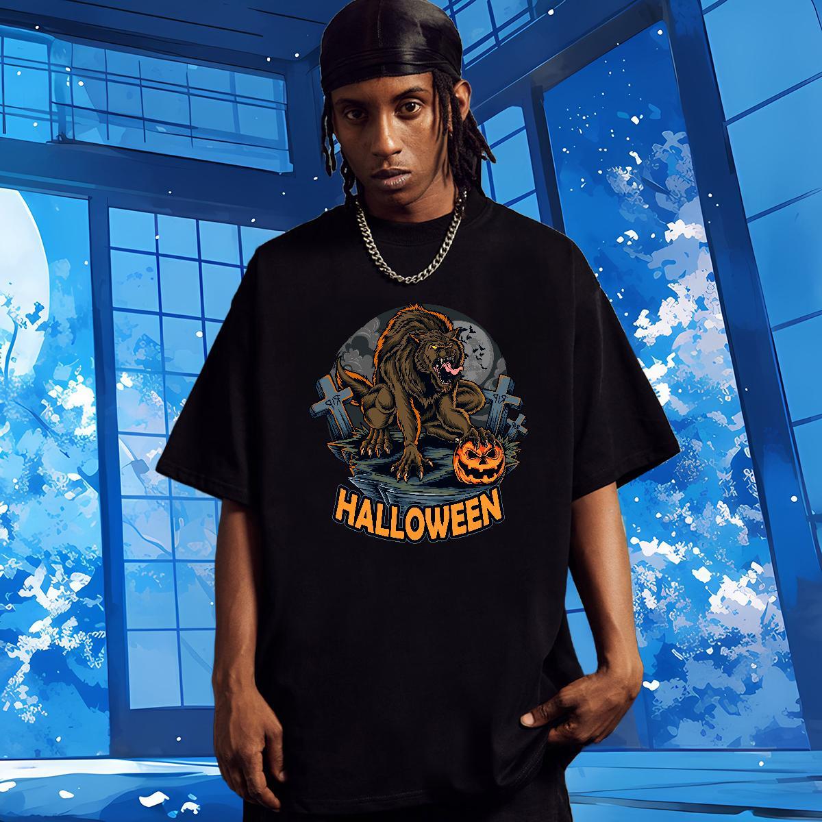 T-Shirts 230g Pure Cotton Halloween Home Outdoor Breathable Short Sleeve Custom Print Plus Size Men Tops Tees Classic Loose Fit Polos
