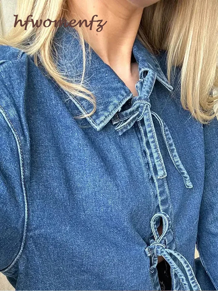Lace Up Bow Denim Shirt Women Causal Long Sleeve Pocket Turn-down Collar Loose Blouses Top 2024 Spring Solid Office Lady Clothes 240812