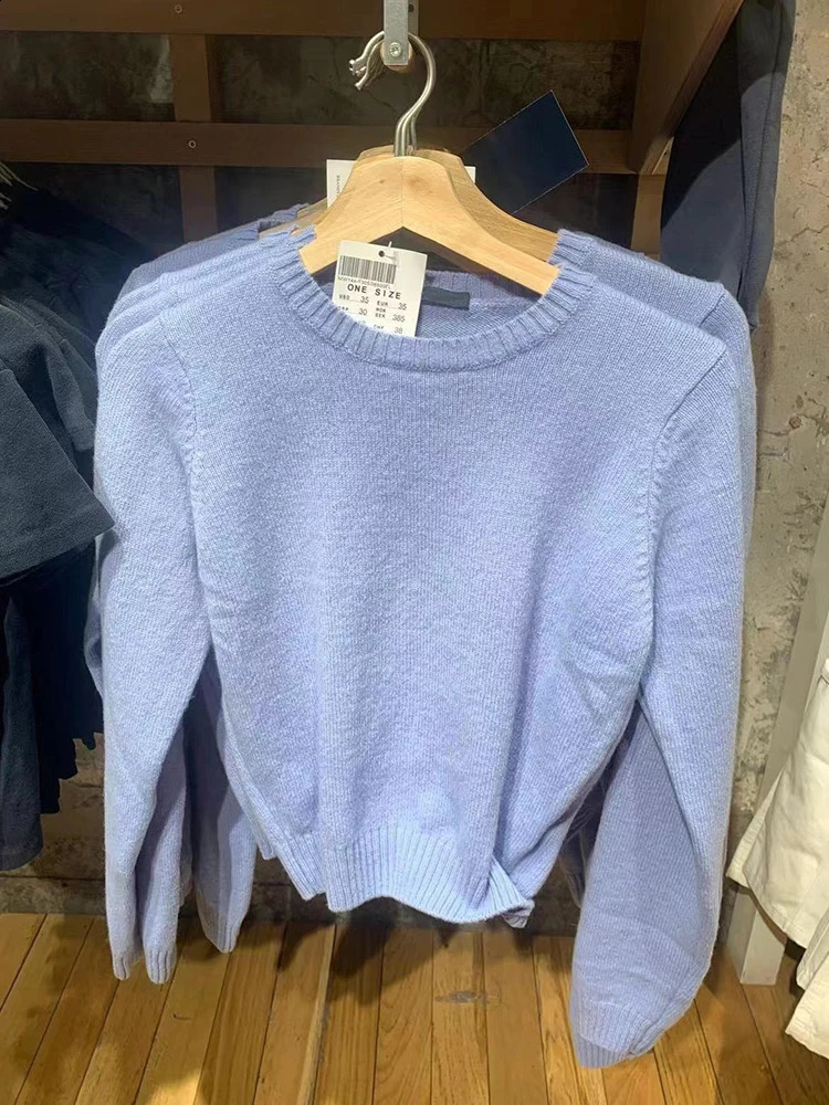 Sweet Blue Slim Knitted Sweater Women Cute Preppy Style Round Neck Autumn Cotton Jumper Vintage Simple Solid Sweaters Tops Y2k 240812