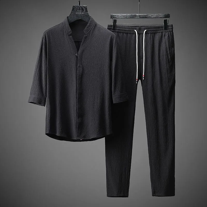 Summer Solid Color Cotton Linen Set for Mens Casual Relaxing Comfortable Breathable Large Size Two piece M4XL 240816