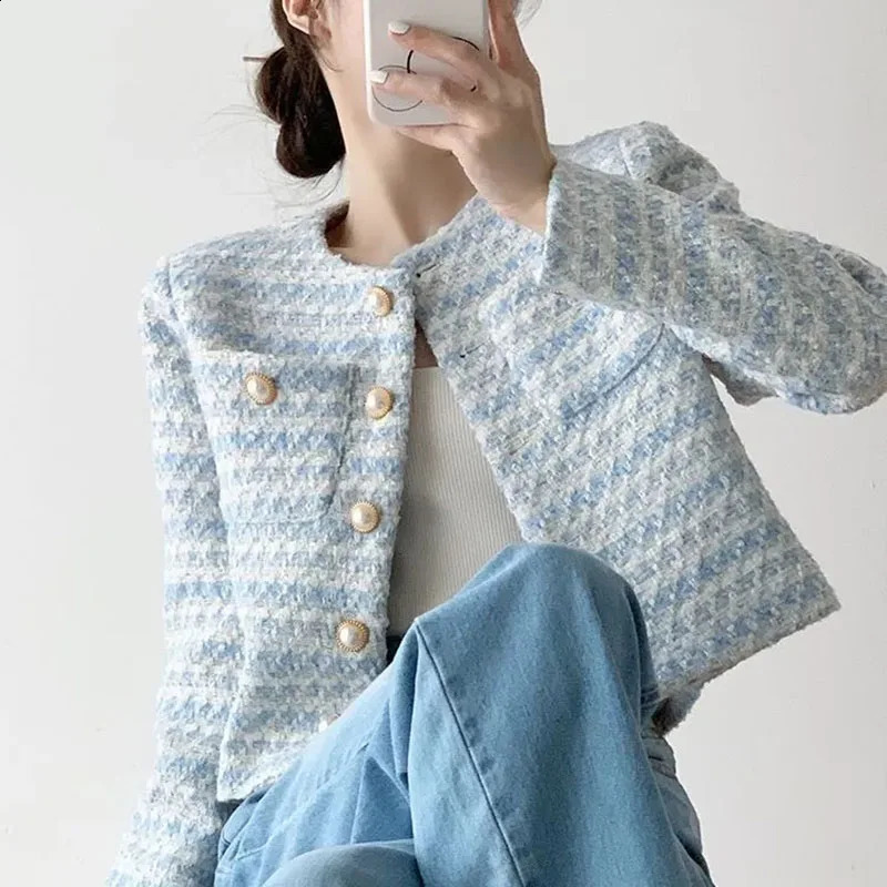 Xpqbb Autumn Winter Tweed Short Coat Women Korean Fashion Long Sleeve Single-breasted Jackets Casual Loose O-neck Outerwear Lady 240812