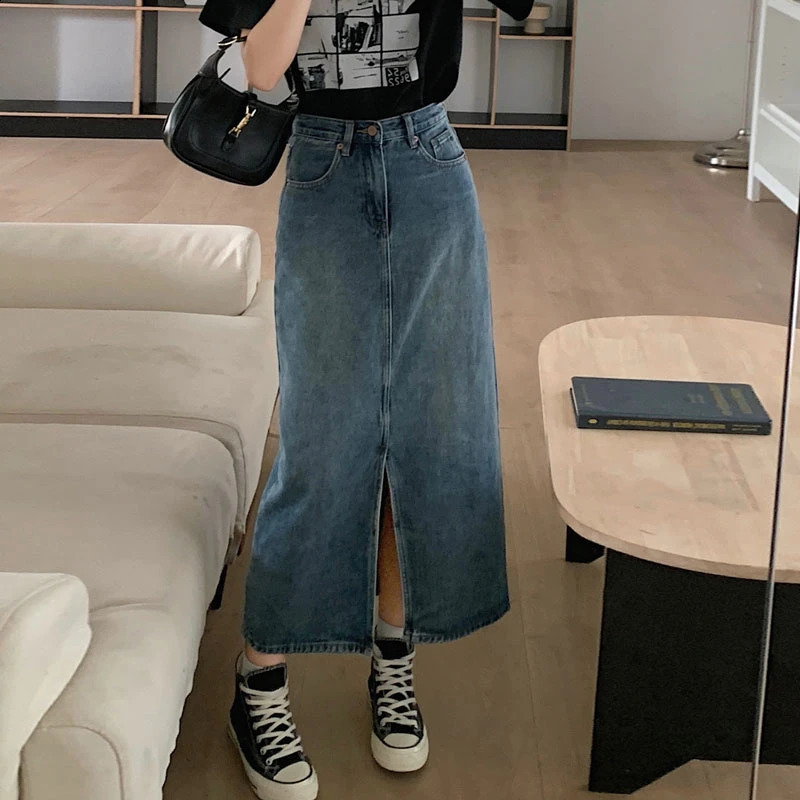 Womens Denim Wrap Skirts Retro High Waisted Split A-line Denim Skirt Autumn Fashion Straight Skirt Female 240812