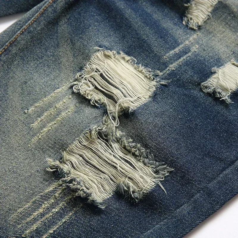 summer vintage washed mens denim shorts casual and fashionable streetwear tear hole patch Distressed straight jeans 240812