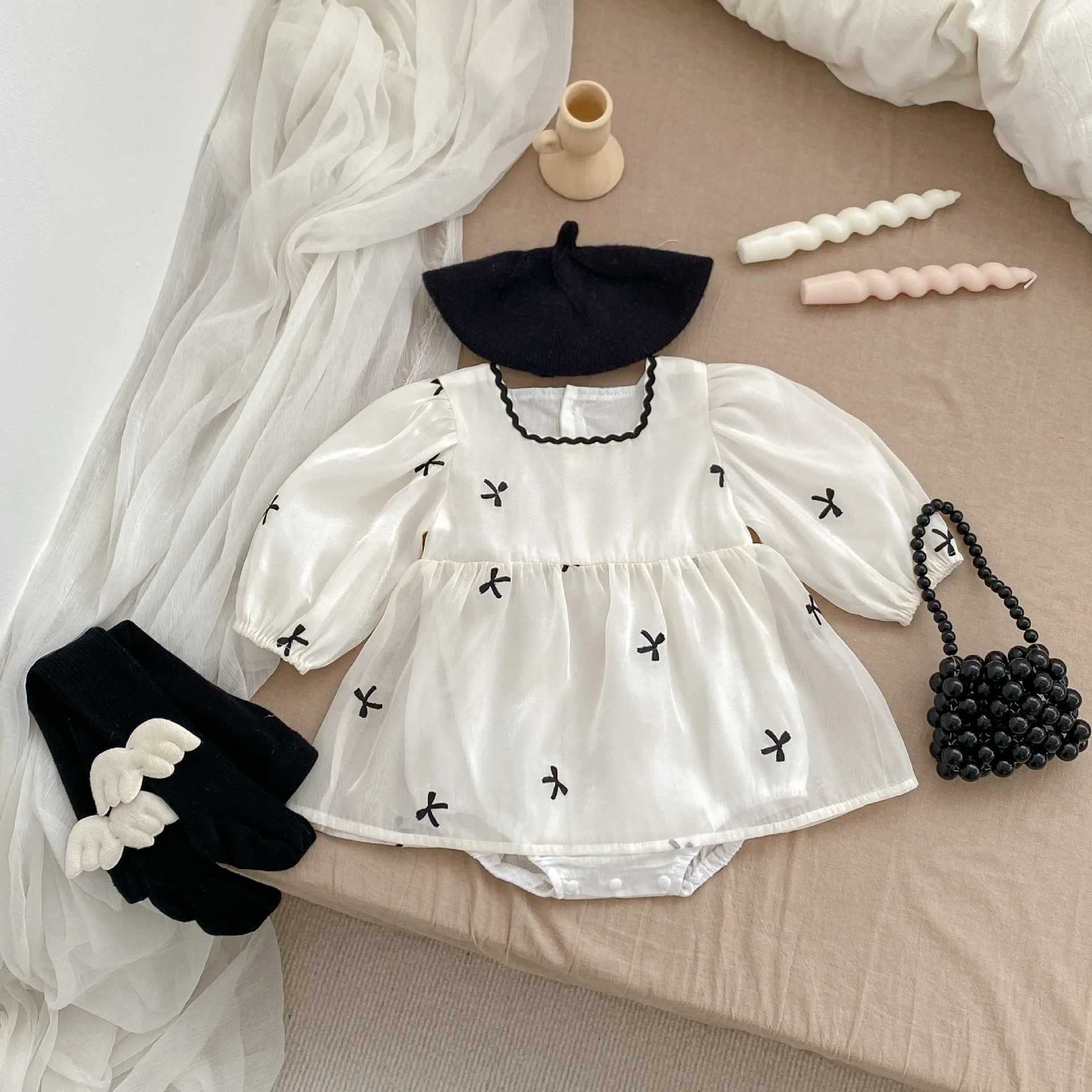 0-2 years spring autumn newborn girl dress tight fitting mesh patch work baby girl jumpsuit black bow embroidery baby girl jumpsuit W240812