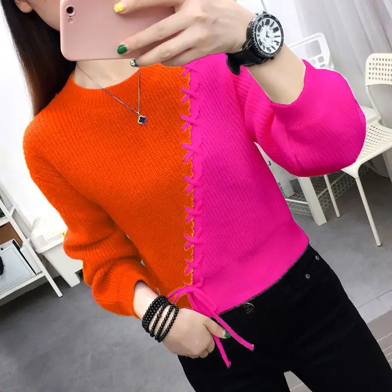 Autumn Winter Women Sweaters Pullover Korean Long Sleeve Lace Up Spliced Round Neck Contrast Color Knit Sweaters Female Tops 240813