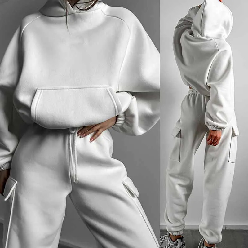 Autumn and Winter 2piece Womens Track Field Wear Wool Long Sleeve Warm Hoodie Jogging Pants Casual Set Solid Sports 240809