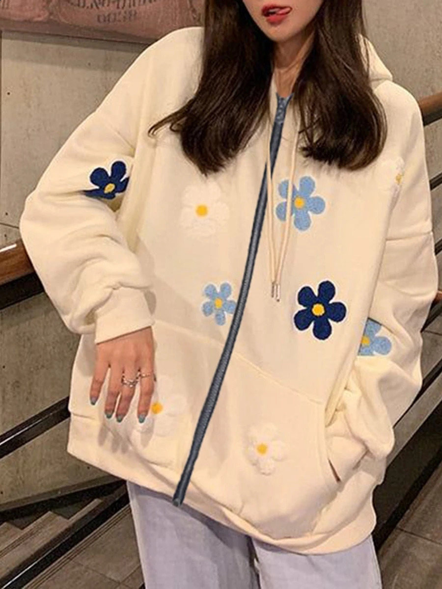 Women s Floral Embroidery Hoodie Long Sleeve Hood Sweatshirt with Front Pocket 240812