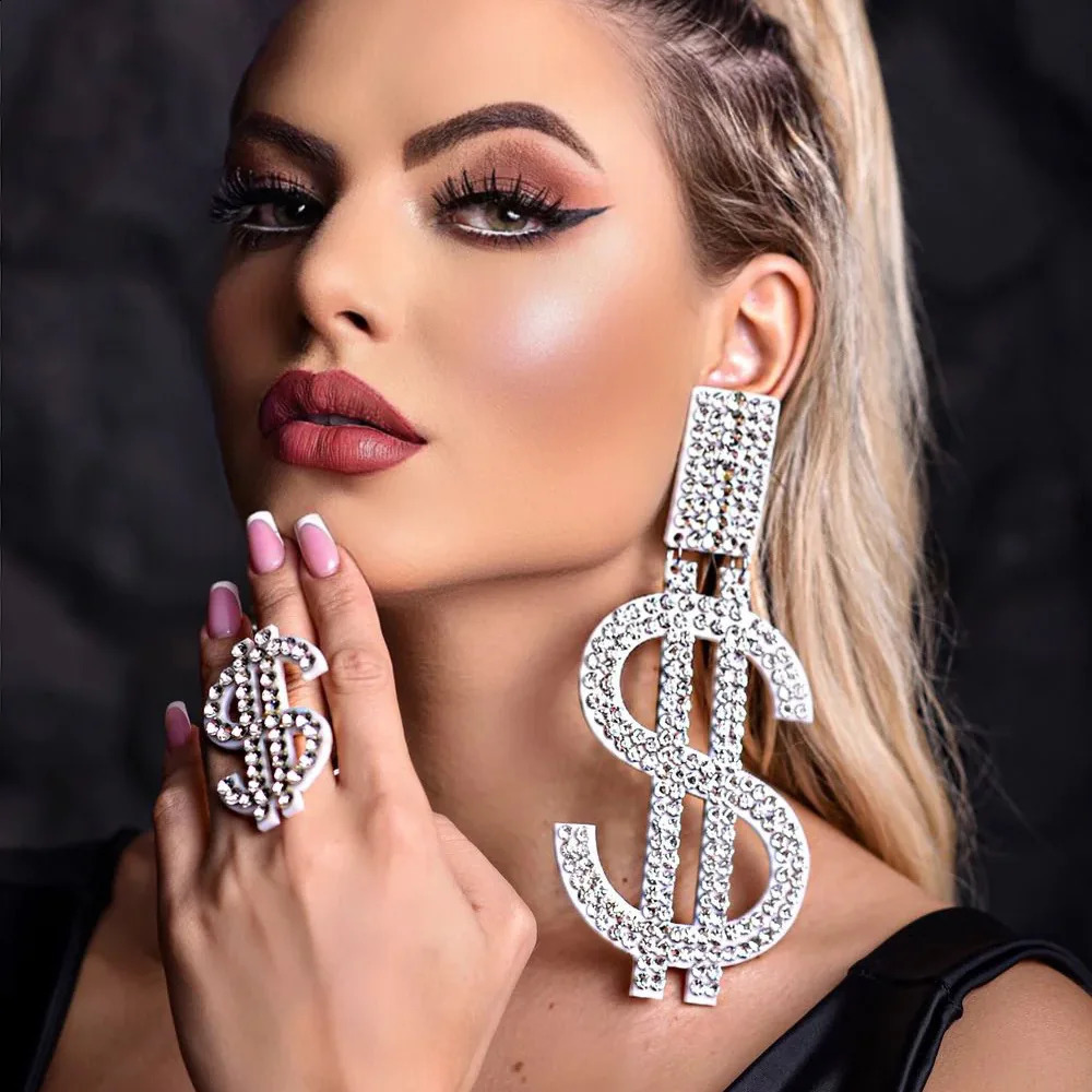 Novelly Rhinestone Super Large Dollar Icon Pendant Earrings for Girls Crystal Geometry Statement Pendant Earring Accessories 240810