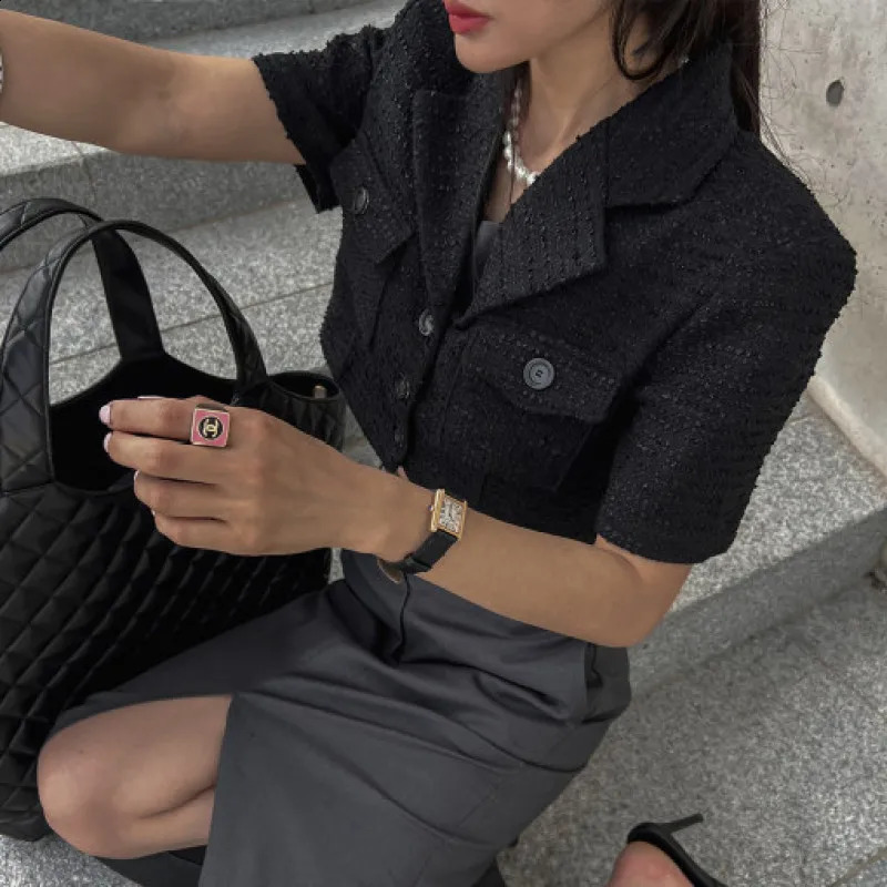 Womens Spring Summer Vintage Short Tweed Blazer Jacket Coat Elegant Crop Top Single Breasted Outerwears Korea Style 240812