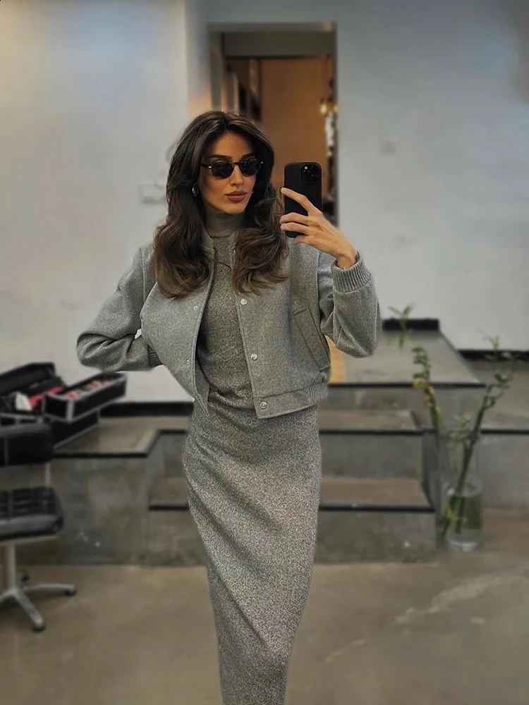 SIYANG Tweed Bomber Jackets for Women Spring Stand Collar Chic Coats Female Solid with Pockets Casual Jacket Outerwear 240812