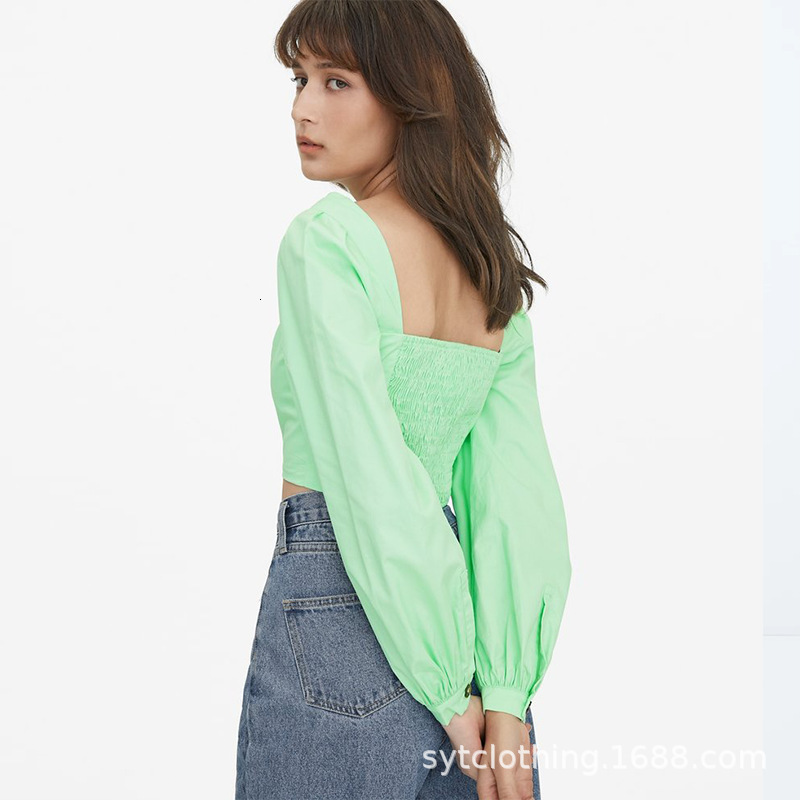 Women's Lantern Women Blouse Square Collar Top Long Sleeve Short Style