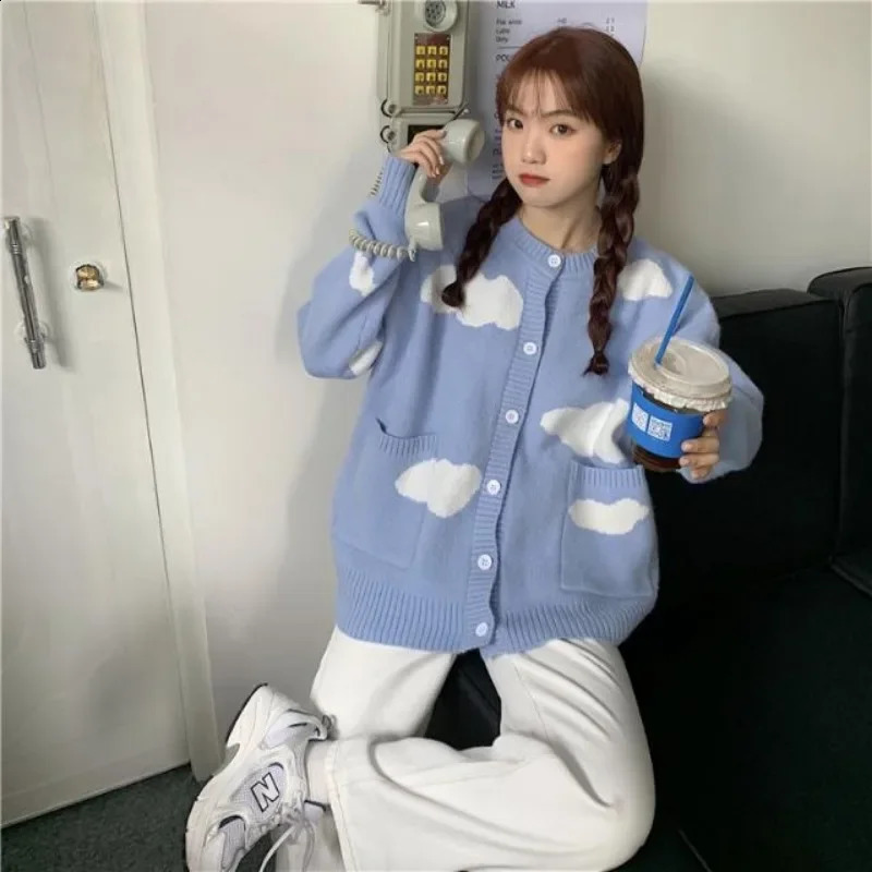 Korean Sweet Blue Sky Cloud Y2k Cardigan Women Preppy Style Loose Knitted Sweaters Coats O Neck Fashion Pockets Pull Femme 240812