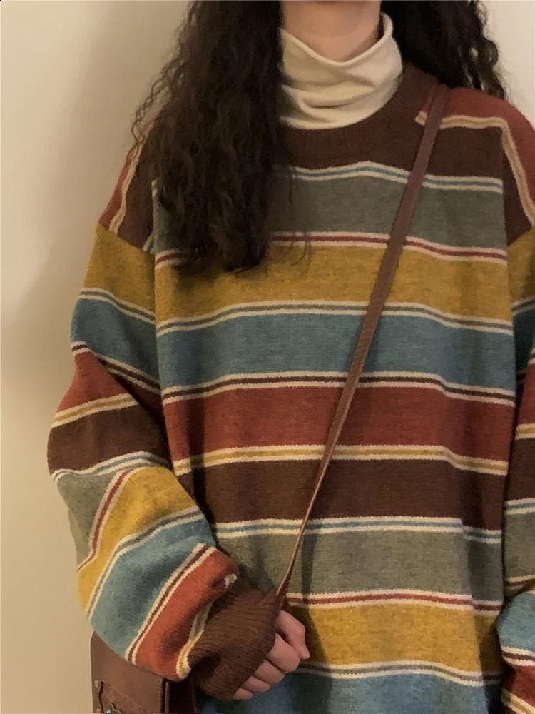 Japan Retro Bf Striped Sweater Harajuke Streetwear Oversize Knitted Pullover Fall Winter Casual Preppy Style Vintage Tops 240812