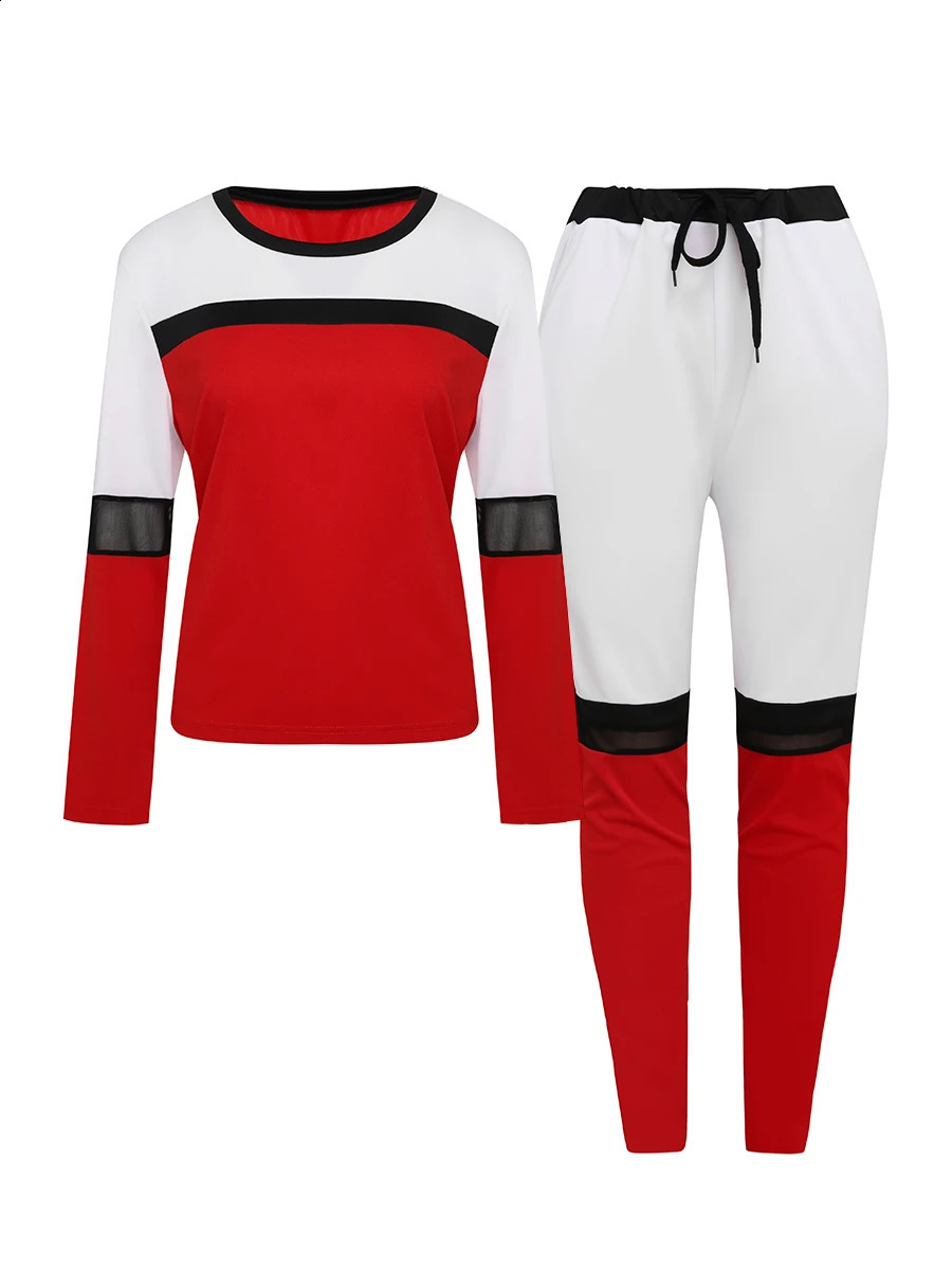 LW Plus Size Women Two Piece Color-lump Tracksuit Pants Set Patchwork Sporty Long Sleeve Conventional Collar Autumn Outfits 240813