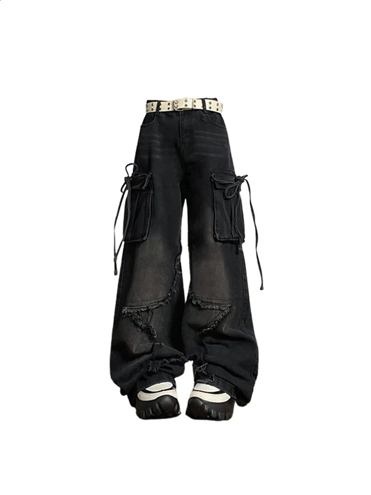 Womens Black Gothic Baggy Cargo Jeans with Star Harajuku Y2k 90s Aesthetic Denim Trousers Emo 2000s Jean Pants Vintage Clothes 240812