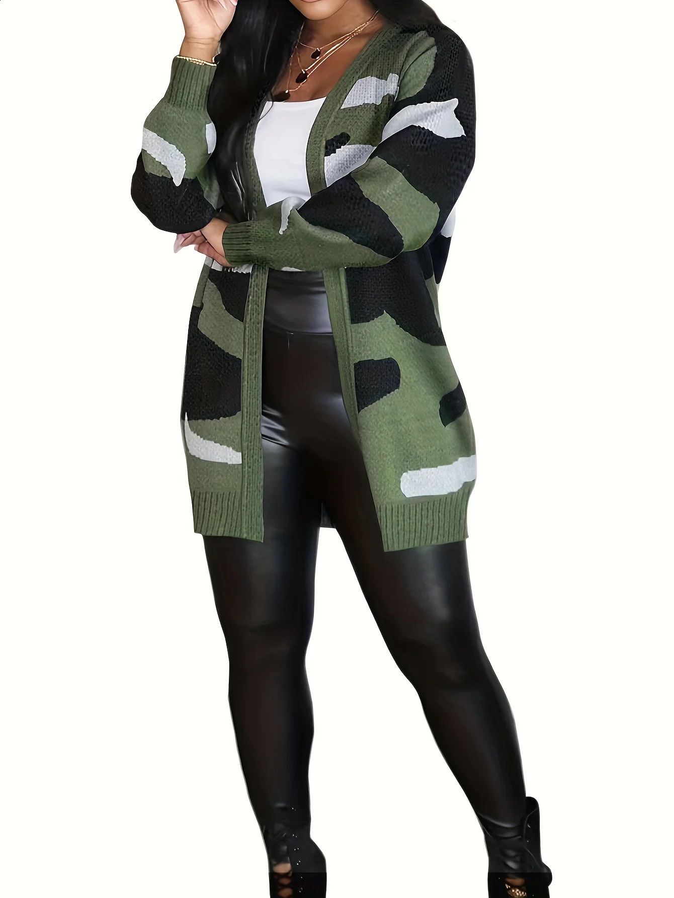 Womens Camo Open Front Cardigan Cozy Long Sleeve Sweater for Fall Winter 240812