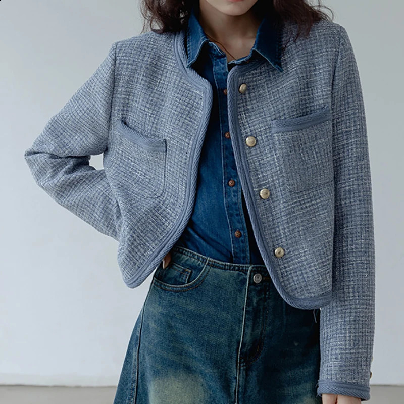 HELIAR Women Elegant Tweed Blue Jacket Long Sleeve Single Breasted Cardigan Coat Female Loose Chic Outerwear Autumn Winter 240812