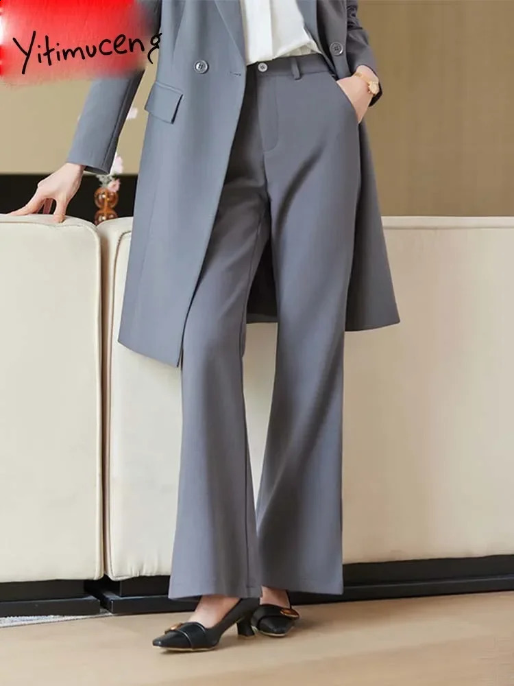 Yitimuceng Solid Two Piece Womens Set Redemption Single Chest Long Coat Office Casual Pants 240812