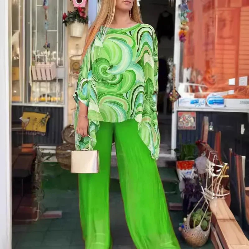 Womens Colorful Chiffon Set Two Piece Suit Summer Print Round Neck Bat Sleeves Irregular Top Wide Leg Pants Casual 2 Piece Set 240813